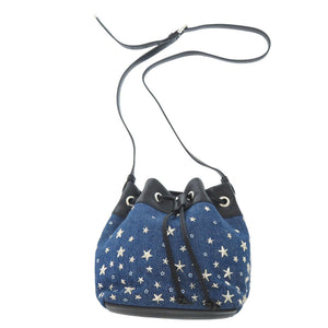美品 ジミーチュウ スタースタッズJUNO S ドローストリングバッグ デニム レザー ブルー ブラック ショルダーバッグ 0944【中古】JIMMY CHOO