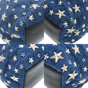 美品 ジミーチュウ スタースタッズJUNO S ドローストリングバッグ デニム レザー ブルー ブラック ショルダーバッグ 0944【中古】JIMMY CHOO