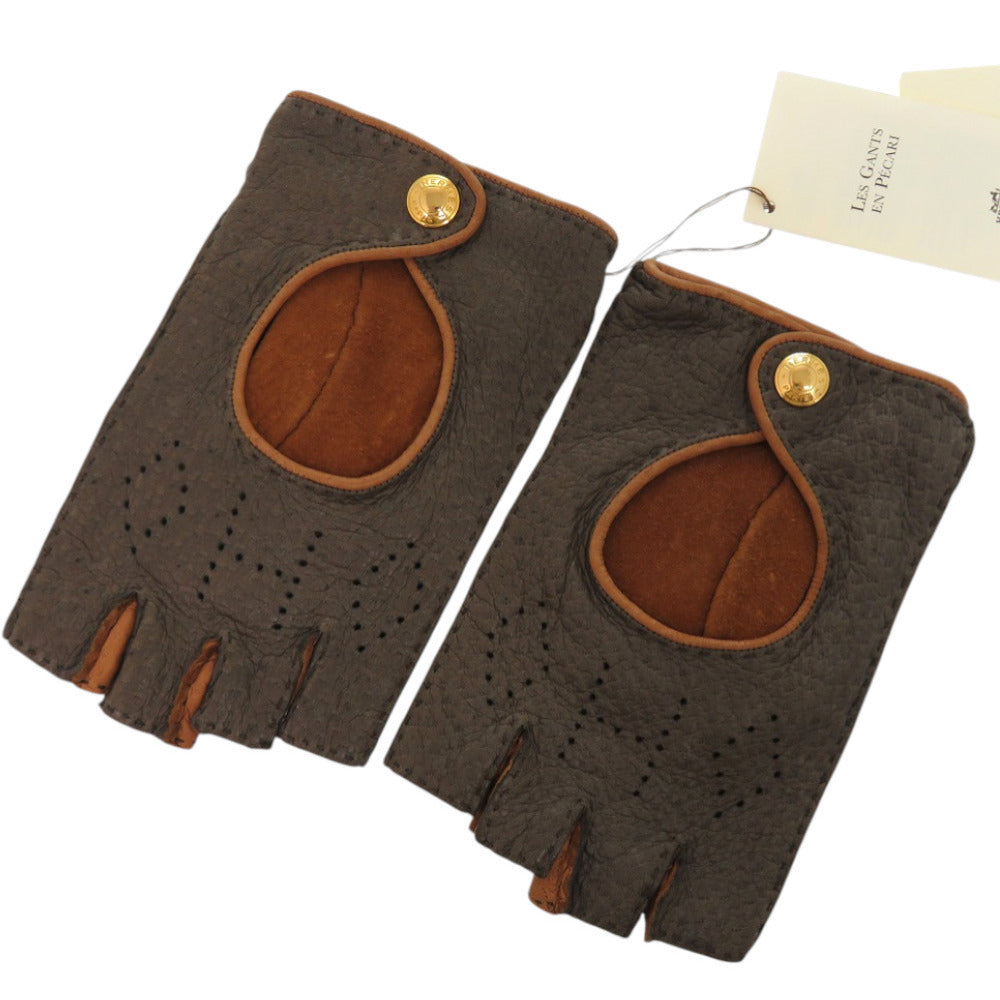 新品同様 エルメス ペッカリー革 ブラウン ゴールド金具 茶 手袋 グローブ 1040【中古】HERMES