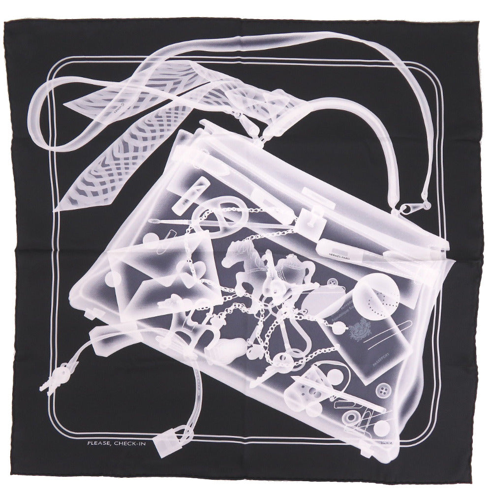 美品 エルメス カレ70 プリーズチェックインシルク ブラック ホワイト スカーフ 1054【中古】HERMES