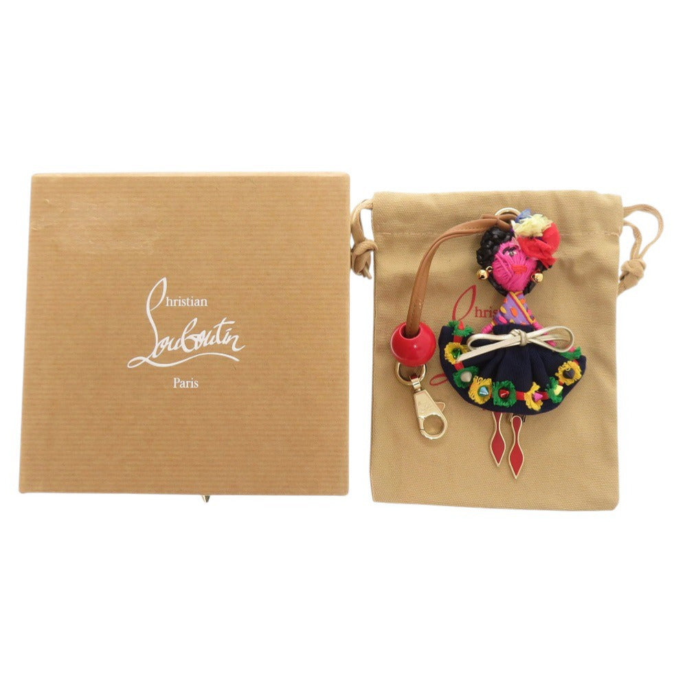 美品 クリスチャンルブタン レザー キャンバス ラフィア マルチカラー キーホルダー 1058【中古】Christian Louboutin