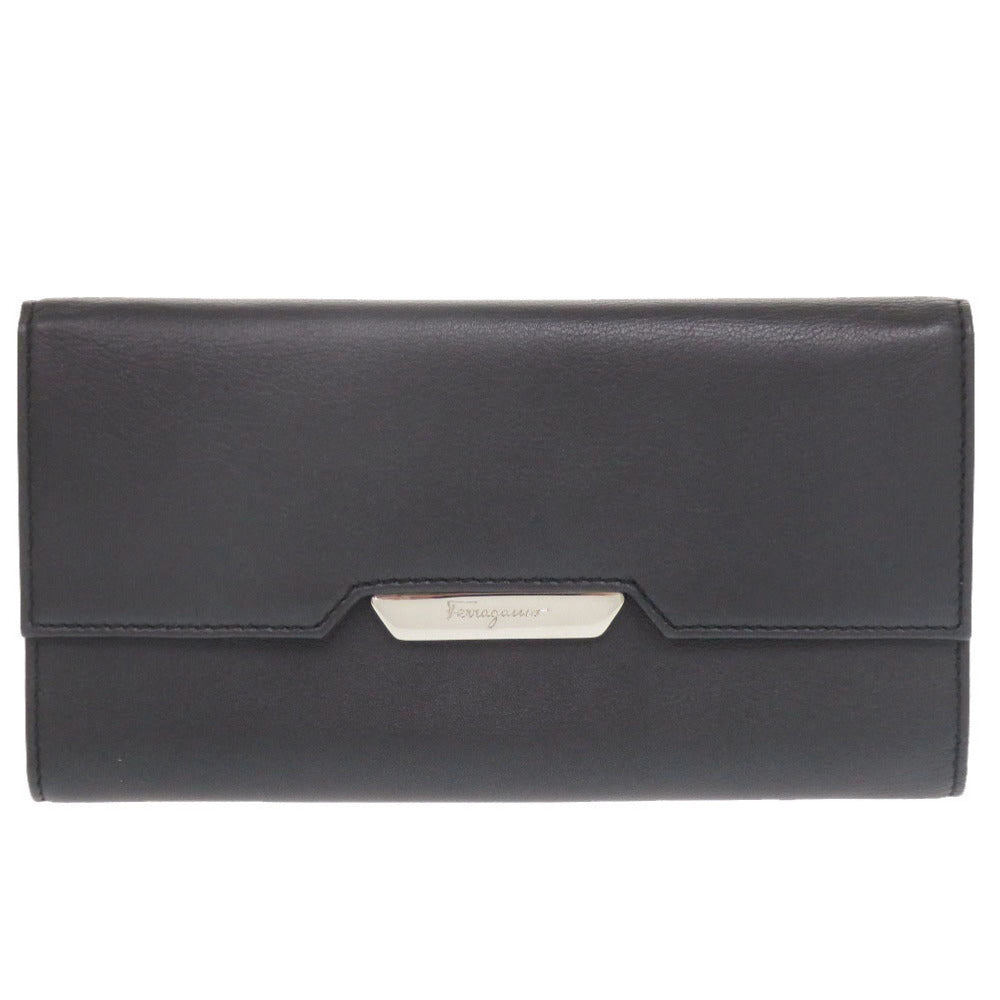 新品同様 サルヴァトーレフェラガモ レザー ブラック 長財布 三つ折り財布 黒 1059【中古】Salvatore Ferragamo