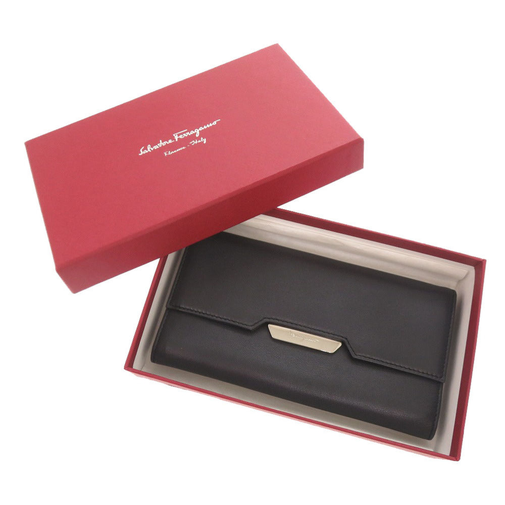 新品同様 サルヴァトーレフェラガモ レザー ブラック 長財布 三つ折り財布 黒 1059【中古】Salvatore Ferragamo