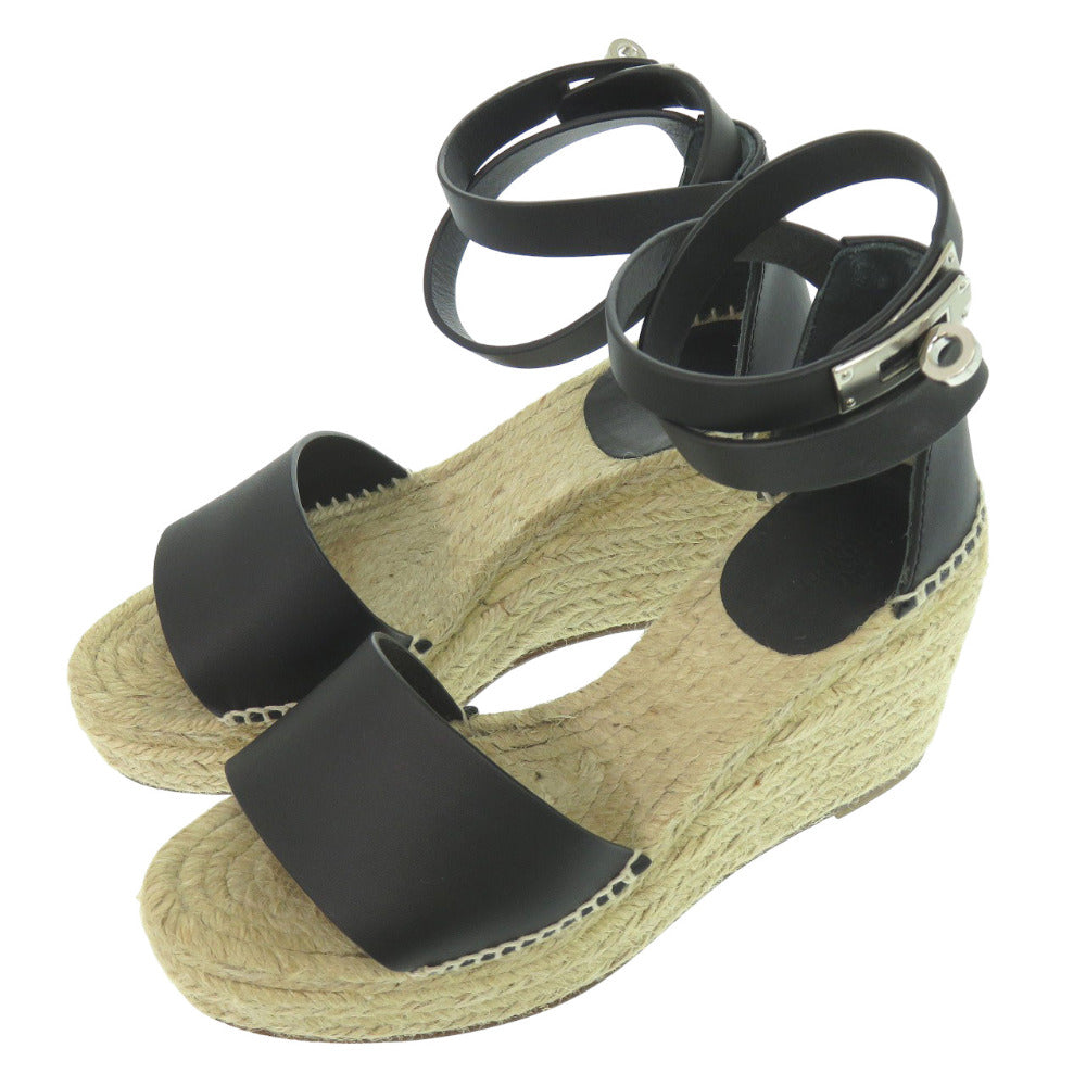 美品 エルメス ティポリ エスパドリーユ ケリーストラップ ウェッジソール レザー ブラック シルバー金具 サンダル 1071【中古】HERMES