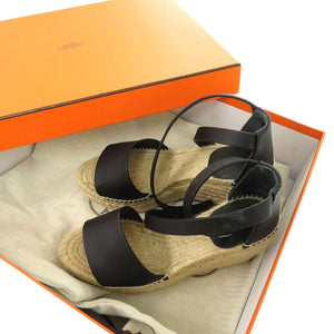 美品 エルメス ティポリ エスパドリーユ ケリーストラップ ウェッジソール レザー ブラック シルバー金具 サンダル 1071【中古】HERMES