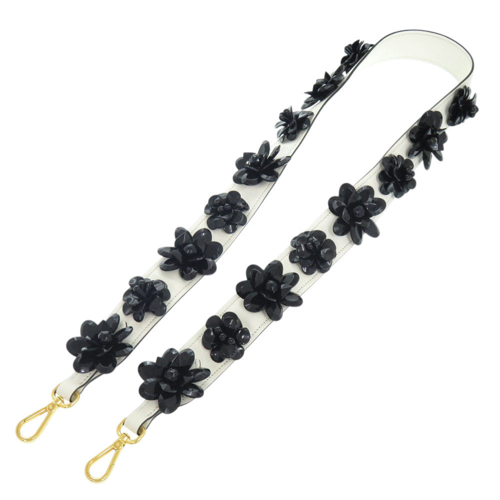 美品 プラダ ショルダーベルト ホワイト × ブラックフラワー レザー ショルダーストラップ 1085【中古】PRADA