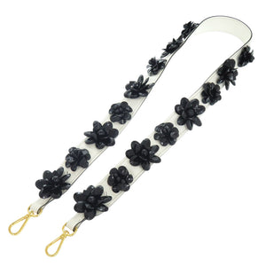 美品 プラダ ショルダーベルト ホワイト × ブラックフラワー レザー ショルダーストラップ 1085【中古】PRADA
