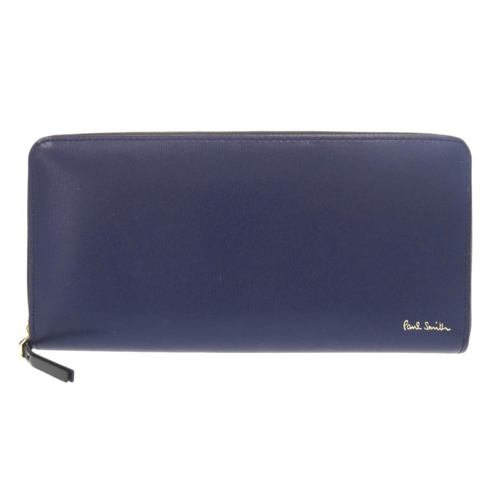 新品同様 ポールスミス シティエンボス レザー ブルー ラウンドファスナー 長財布 1091【中古】Paul Smith メンズ