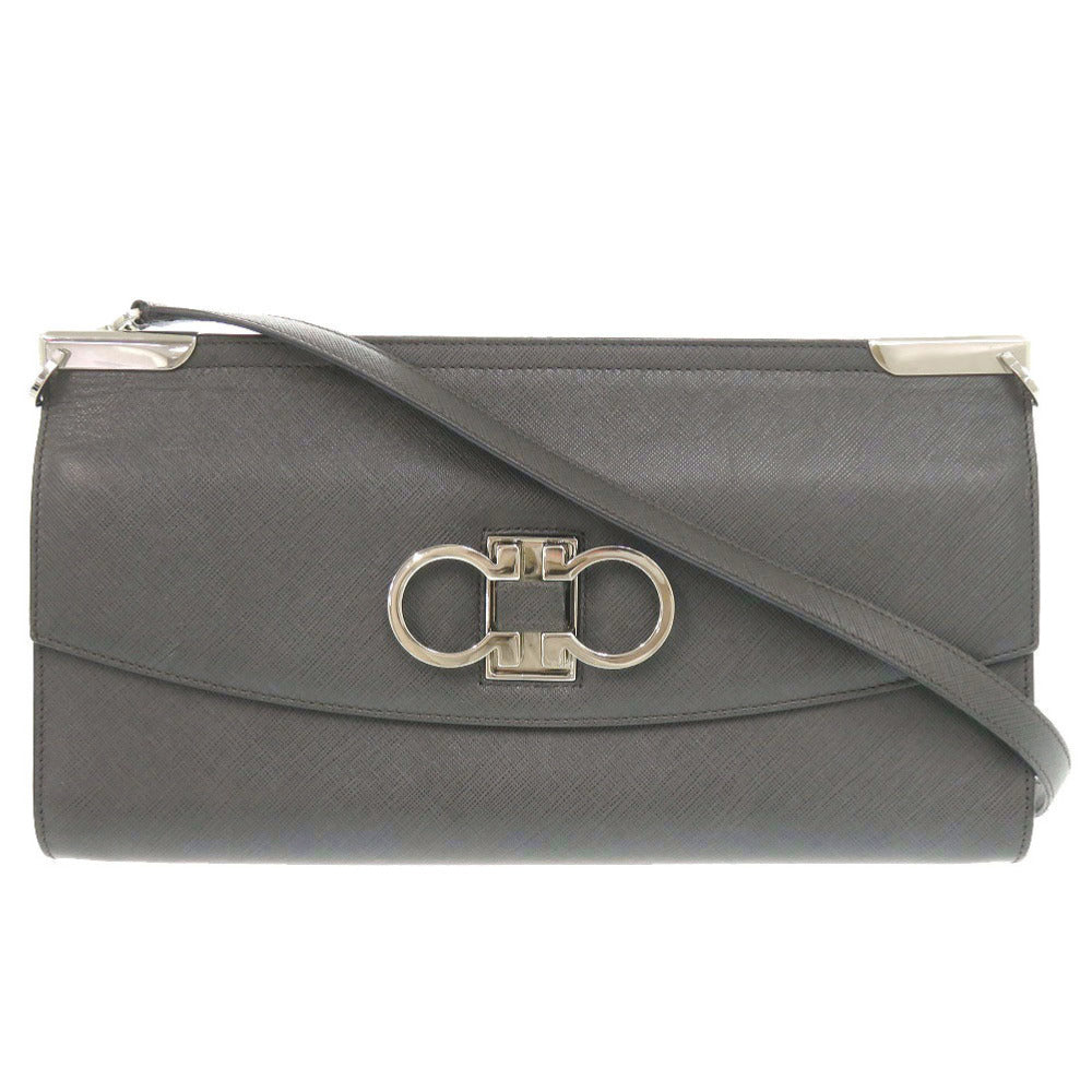 美品 サルヴァトーレフェラガモ ダブルガンチーニ レザー ダークグレー ショルダーバッグ 1249【中古】Salvatore Ferragamo