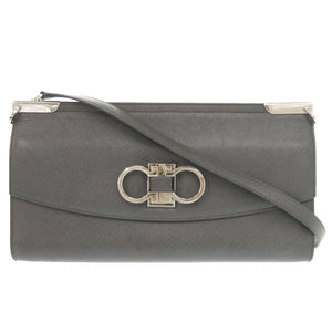 美品 サルヴァトーレフェラガモ ダブルガンチーニ レザー ダークグレー ショルダーバッグ 1249【中古】Salvatore Ferragamo