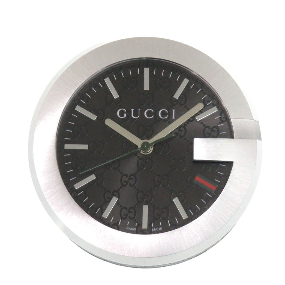 新品同様 グッチ テーブルクロック 210 ブラック SS レザー 黒文字盤 クオーツ 置時計 1306【中古】GUCCI