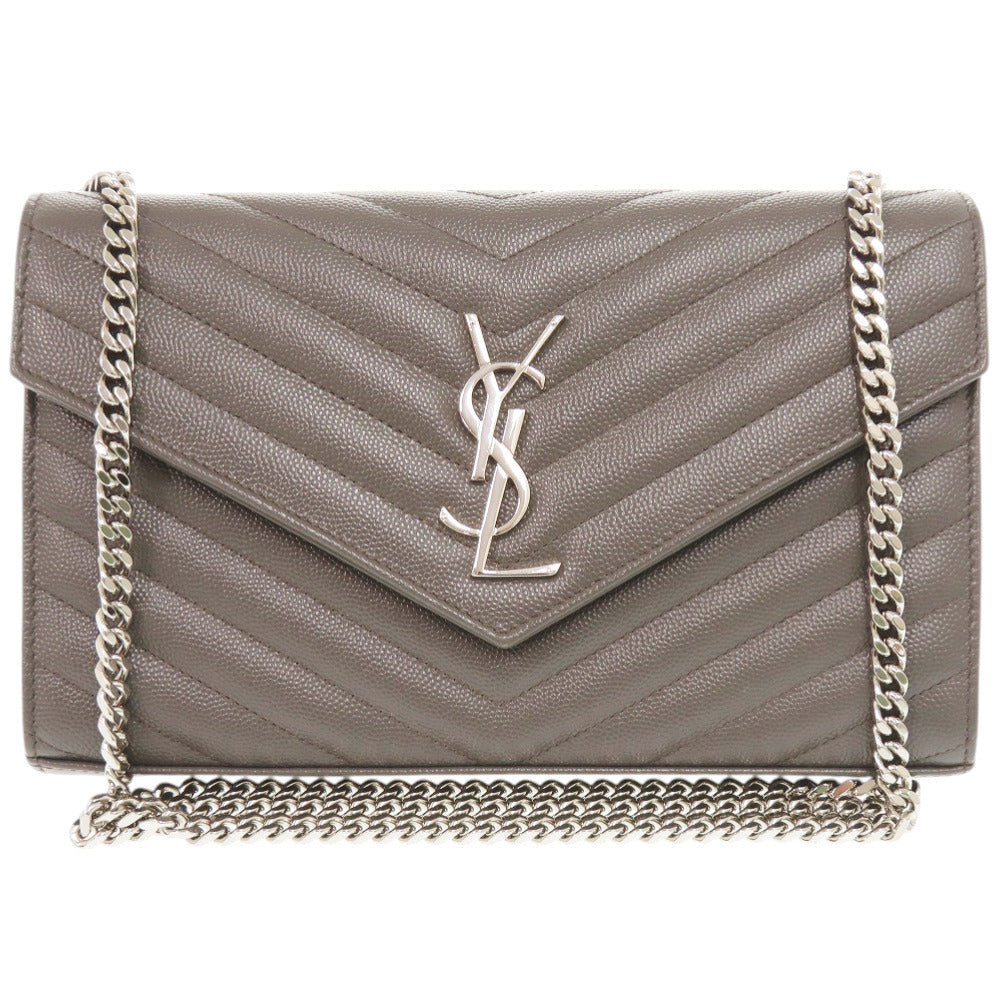 美品 サンローランパリ カサンドラ レザー グレー 377828 ショルダーバッグ チェーンウォレット 1489【中古】SAINT LAURENT PARIS