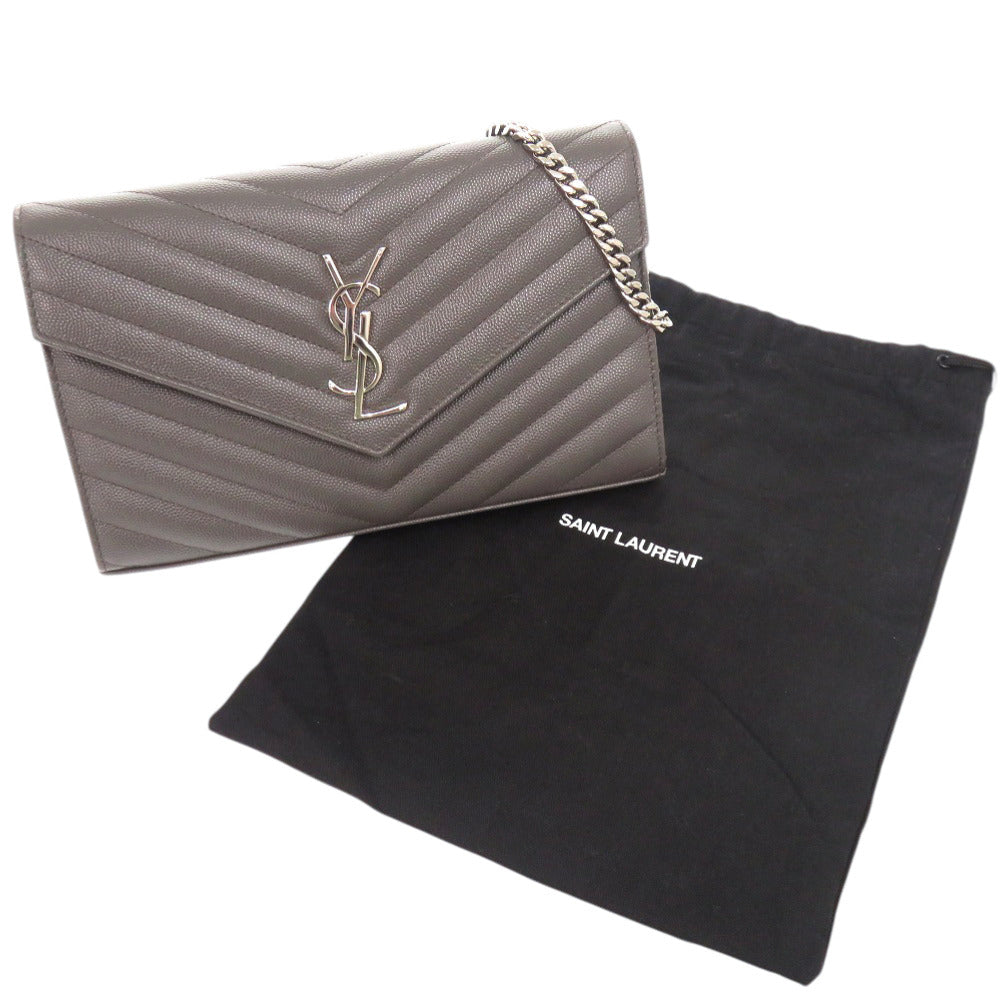 美品 サンローランパリ カサンドラ レザー グレー 377828 ショルダーバッグ チェーンウォレット 1489【中古】SAINT LAURENT PARIS