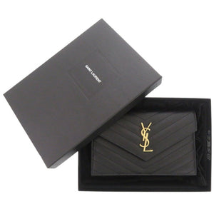 新品同様 サンローランパリ カサンドラ エンベロープ チェーンウォレット 742920 レザー ブラック チェーンショルダーバッグ 黒 1490【中古】SAINT LAURENT PARIS