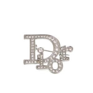 美品 ディオール ロゴ メタル ラインストーン シルバー ブローチ 1528【中古】Dior