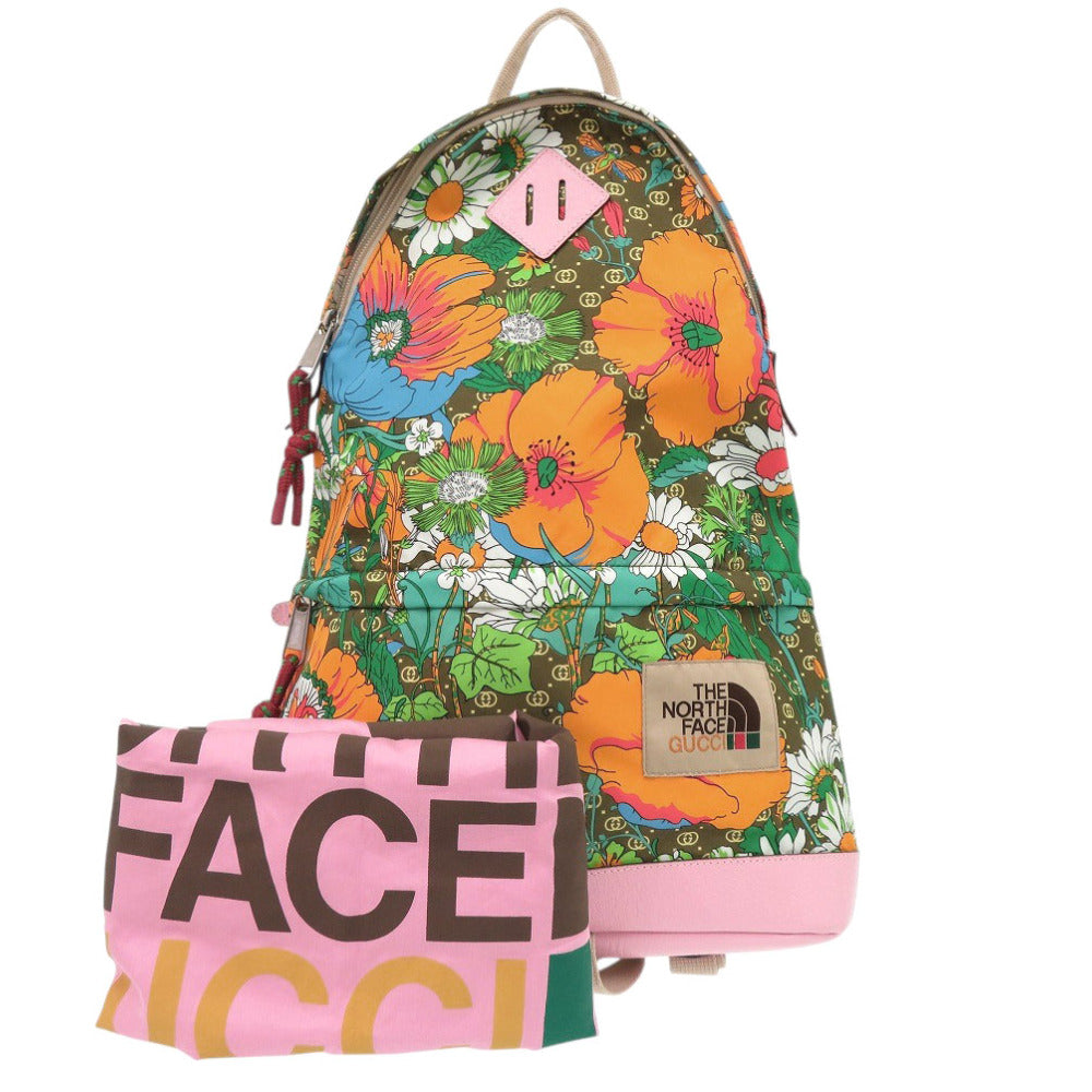 新品同様 グッチ ノースフェイス コラボ 650288 ナイロン レザー ピンク リュック デイパック 1548【中古】GUCCI