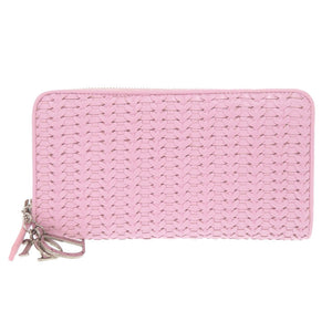 美品 クリスチャンディオール 編み込み レザー ピンク ラウンドファスナー 長財布 1634【中古】Christian Dior