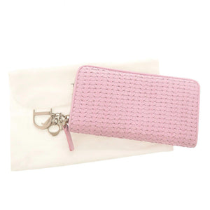 美品 クリスチャンディオール 編み込み レザー ピンク ラウンドファスナー 長財布 1634【中古】Christian Dior