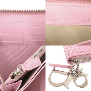 美品 クリスチャンディオール 編み込み レザー ピンク ラウンドファスナー 長財布 1634【中古】Christian Dior