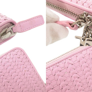 美品 クリスチャンディオール 編み込み レザー ピンク ラウンドファスナー 長財布 1634【中古】Christian Dior