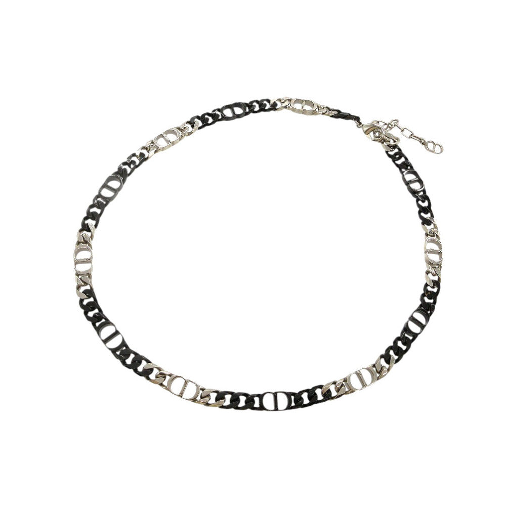 美品 ディオール CD ICON チェーンリンク バイカラー ネックレス 真鍮 ブラック×シルバー 1717【中古】Dior