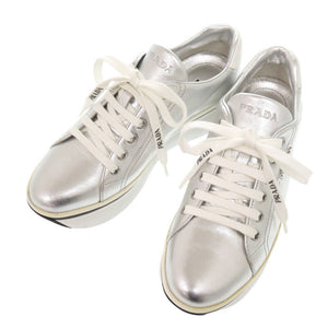 未使用 プラダ 厚底 サイズ37 レザー シルバー スニーカー 2026【中古】PRADA