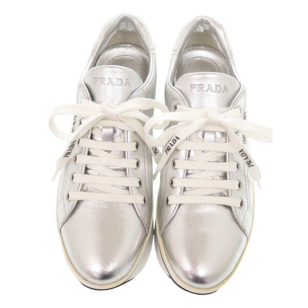 未使用 プラダ 厚底 サイズ37 レザー シルバー スニーカー 2026【中古】PRADA