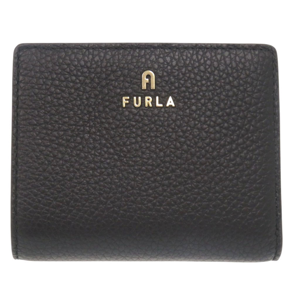 新品同様 フルラ CAMELIA S COMPACT WALLET カメリア レザー ブラック 二つ折り財布 黒 2029【中古】Furla
