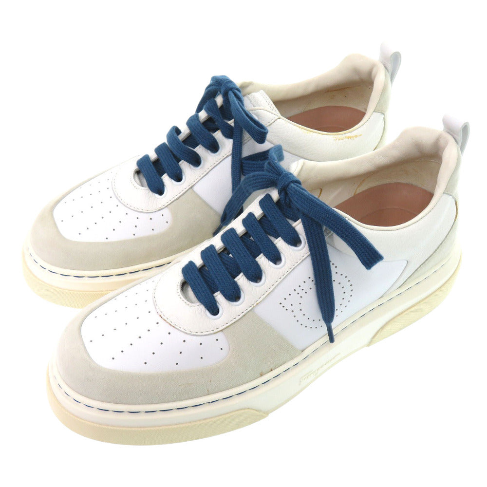 美品 サルヴァトーレフェラガモ CASSINA LOW 758147 カーフ レザー BIANCO ホワイト ブルー スニーカー 2044【中古】Salvatore Ferragamo