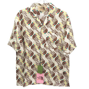 未使用 グッチ × ザノースフェイス THE NORTH FACE 総ロゴ サイズ46 シルク アイボリー系 半袖シャツ 2118【中古】GUCCI メンズ