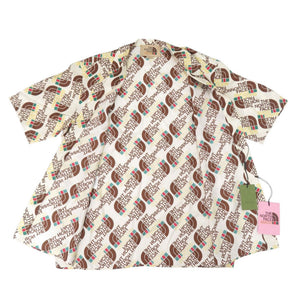 未使用 グッチ × ザノースフェイス THE NORTH FACE 総ロゴ サイズ46 シルク アイボリー系 半袖シャツ 2118【中古】GUCCI メンズ