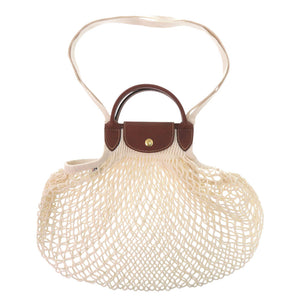 美品 ロンシャン メッシュバッグ ルプリアージュ フィレL LE PLIAGE FILET 2WAY 10121 HVH コットン ロシアンレザー ECRU ブラウン アイボリー ショルダーバッグ ハンドバッグ 0026【中古】Longchamp