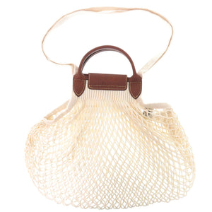 美品 ロンシャン メッシュバッグ ルプリアージュ フィレL LE PLIAGE FILET 2WAY 10121 HVH コットン ロシアンレザー ECRU ブラウン アイボリー ショルダーバッグ ハンドバッグ 0026【中古】Longchamp