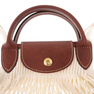 美品 ロンシャン メッシュバッグ ルプリアージュ フィレL LE PLIAGE FILET 2WAY 10121 HVH コットン ロシアンレザー ECRU ブラウン アイボリー ショルダーバッグ ハンドバッグ 0026【中古】Longchamp