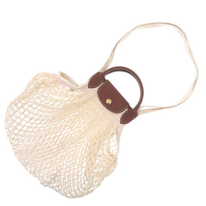 美品 ロンシャン メッシュバッグ ルプリアージュ フィレL LE PLIAGE FILET 2WAY 10121 HVH コットン ロシアンレザー ECRU ブラウン アイボリー ショルダーバッグ ハンドバッグ 0026【中古】Longchamp