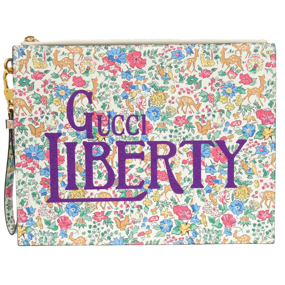 新品同様 グッチ リバティコラボ 花柄 636252 レザー ホワイト ライトブルー クラッチバッグ 0115【中古】GUCCI