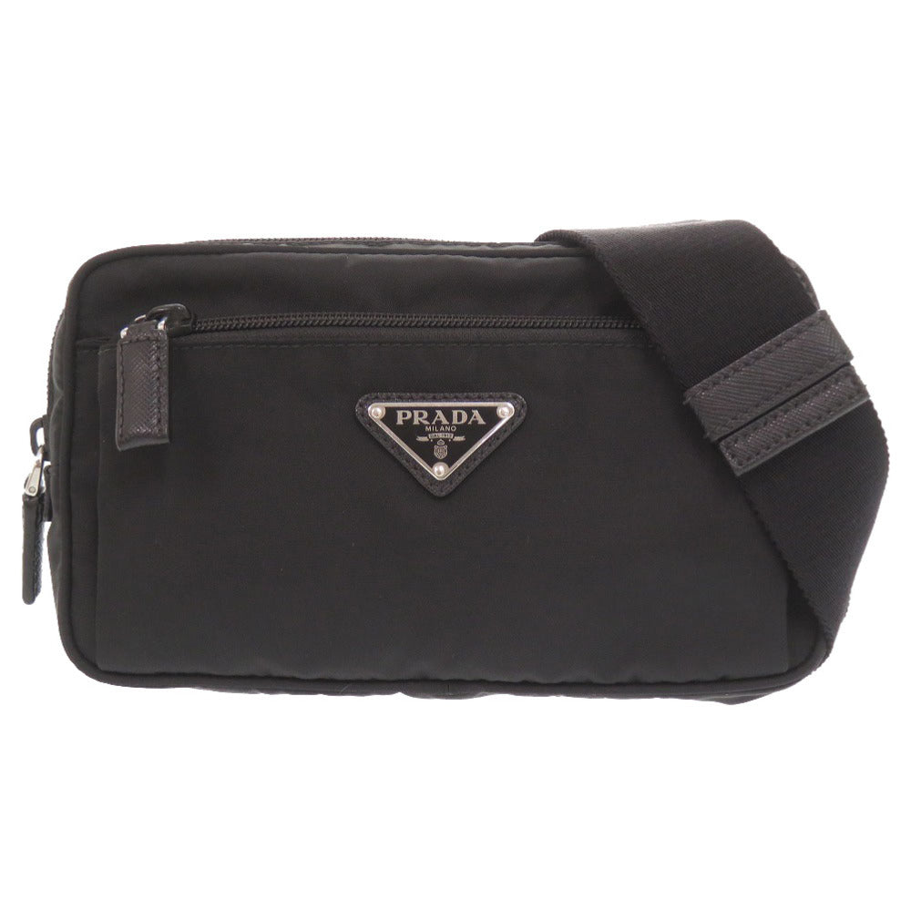 美品 プラダ トライアングルロゴ ナイロン ブラック ボディバッグ ベルトバッグ 黒 0135【中古】PRADA
