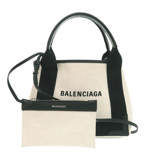 新品同様 バレンシアガ ネイビーカバス XS キャンバス レザー ライトベージュ ブラック 2way ハンドバッグ 0433【中古】BALENCIAGA