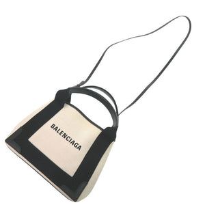 新品同様 バレンシアガ ネイビーカバス XS キャンバス レザー ライトベージュ ブラック 2way ハンドバッグ 0433【中古】BALENCIAGA