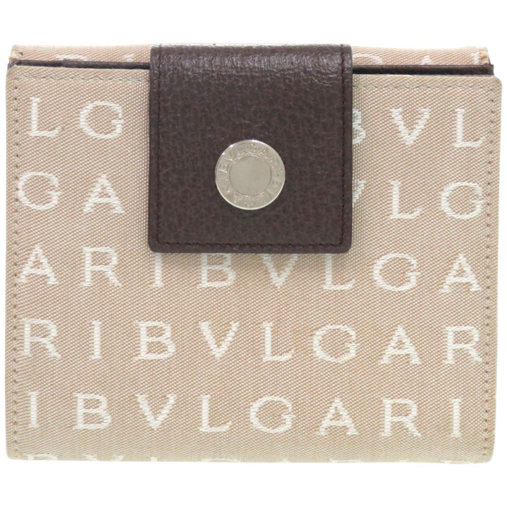新品同様 ブルガリ ロゴマニア キャンバス レザー シルバー金具 ベージュ 二つ折り財布 0445【中古】BVLGARI