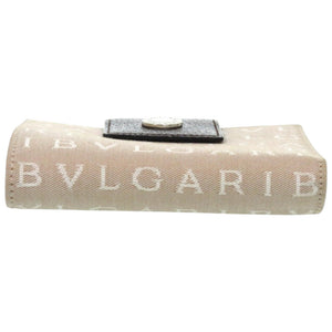 新品同様 ブルガリ ロゴマニア キャンバス レザー シルバー金具 ベージュ 二つ折り財布 0445【中古】BVLGARI