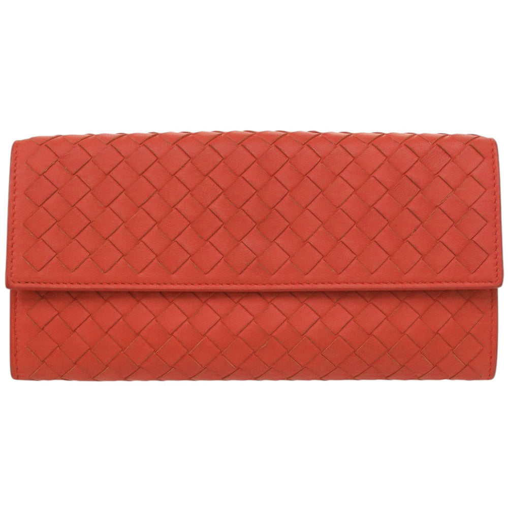 美品 ボッテガヴェネタ イントレチャート レザー レッド 長財布 赤 0787【中古】BOTTEGAVENETA