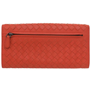美品 ボッテガヴェネタ イントレチャート レザー レッド 長財布 赤 0787【中古】BOTTEGAVENETA