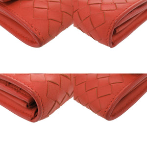 美品 ボッテガヴェネタ イントレチャート レザー レッド 長財布 赤 0787【中古】BOTTEGAVENETA