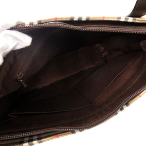 美品 バーバリー ノバチェック ロゴマーク レザーハンドバッグ キャンバス レザー ブラウン 1105【中古】BURBERRY
