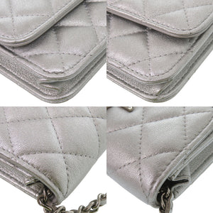 美品 シャネル ミニマトラッセ スターモチーフ チェーンカードケース ラインストーン レザー シルバー ミニバッグ 財布 1291【中古】CHANEL