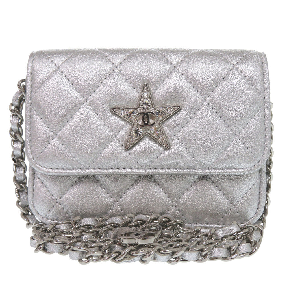 美品 シャネル ミニマトラッセ スターモチーフ チェーンカードケース ラインストーン レザー シルバー ミニバッグ 財布 1291【中古】CHANEL
