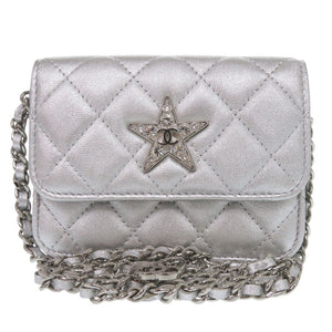美品 シャネル ミニマトラッセ スターモチーフ チェーンカードケース ラインストーン レザー シルバー ミニバッグ 財布 1291【中古】CHANEL