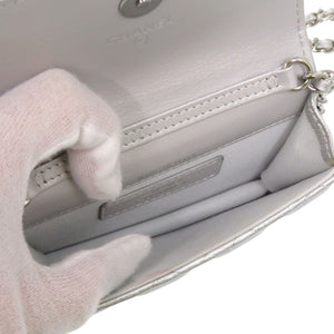 美品 シャネル ミニマトラッセ スターモチーフ チェーンカードケース ラインストーン レザー シルバー ミニバッグ 財布 1291【中古】CHANEL