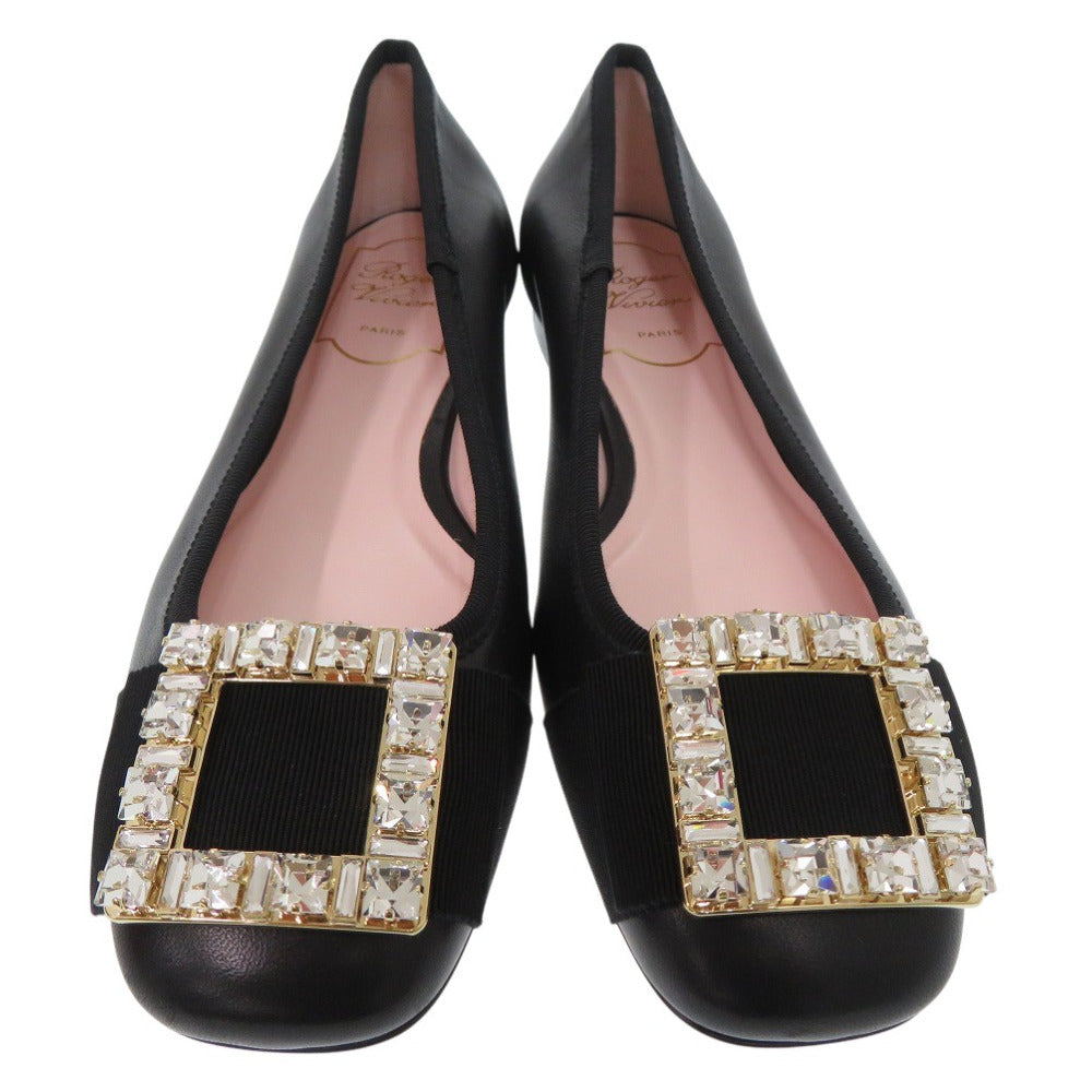 未使用 ロジェヴィヴィエ クリスタル バックル パンプス フラットシューズ レザー ブラック 1367【中古】Roger Vivier